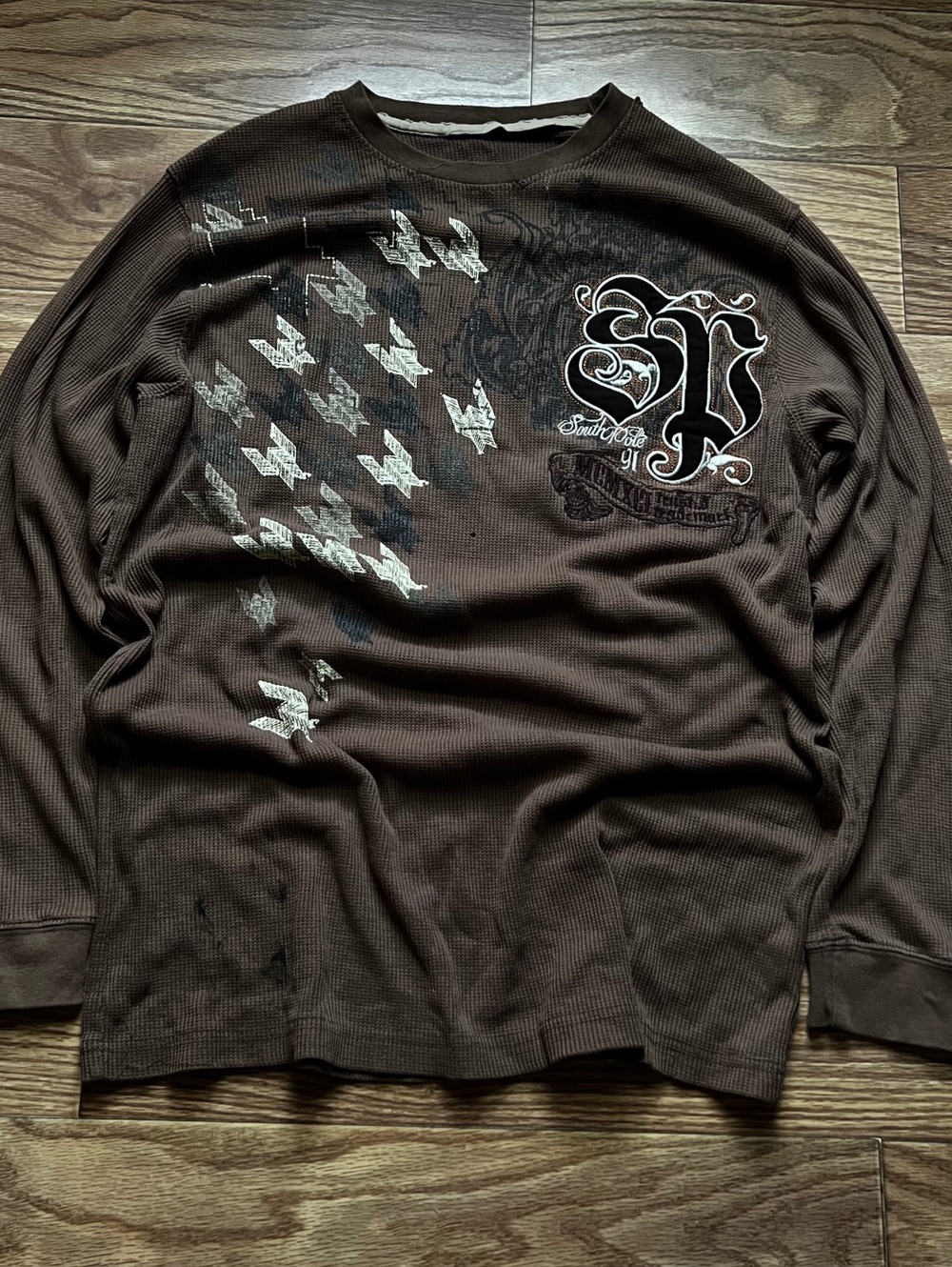 y2k southpole grunge brown waffle knit graphic long sleeve tee second hand